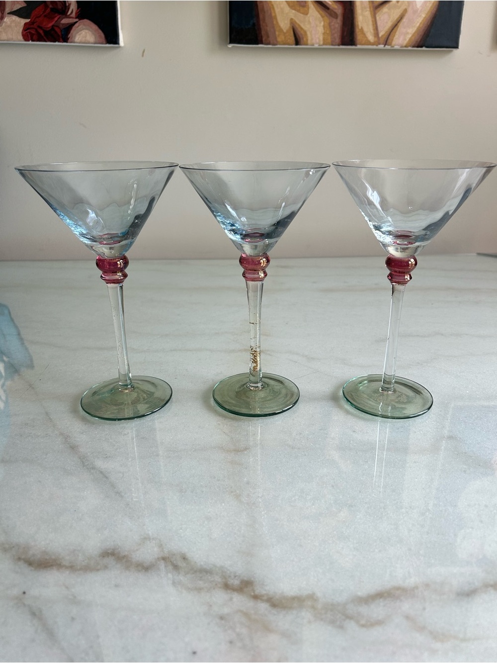 Vintage Art Glass Martini Glasses Set of  3 Blue Bowl Cranberry Stem Gold Accent
